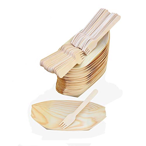 MEGYAR Platos de Bambú Ecológico en Forma de Bote para Catering – Paquete de 50 Platos Desechables Incluye 50 Tenedores de Madera Natural Resistentes y Fuertes