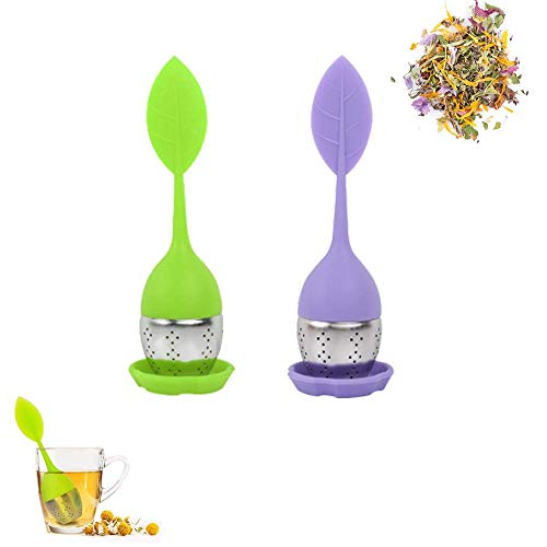 Mein HERZ 2Pcs Infusor de Te, Infusionador, Colador te, Filtro te, Infusores de Te, Colador de Té de Silicona y Acero Inoxidable con Asa Móvil en Forma de Hoja (Morado + Verde)