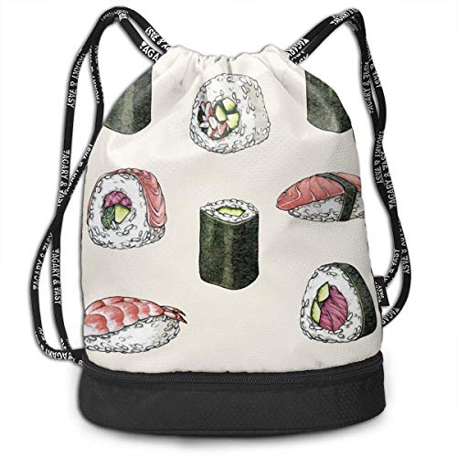 Men & Women Premium Polyester Drawstring Backpack California Japanese Roll Sushi Daypack Theft Proof Lightweight For School Soccer Baseball Bag Large Size For Camping, Runner