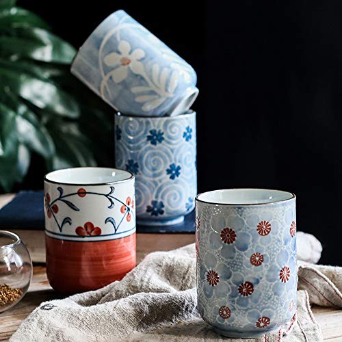 MengCat Tazas de te japonesas Taza Taza de cerámica Flor Tradicional Japonesa Bonito diseño Conjunto de 2 yunomi Tazas de té 10 OZ