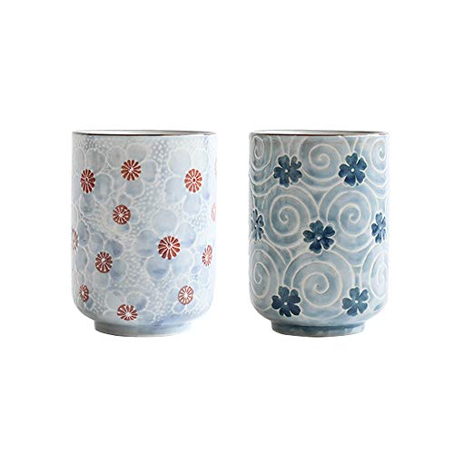 MengCat Tazas de te japonesas Taza Taza de cerámica Flor Tradicional Japonesa Bonito diseño Conjunto de 2 yunomi Tazas de té 10 OZ