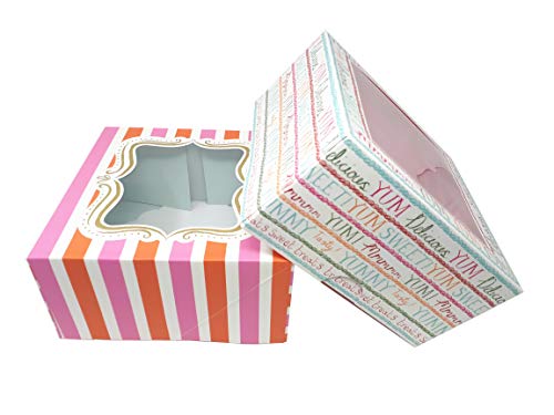 Meri Meri - Caja para tartas con ventana plegable (25,5 x 25,5 x 13 cm) Striped + Yummi
