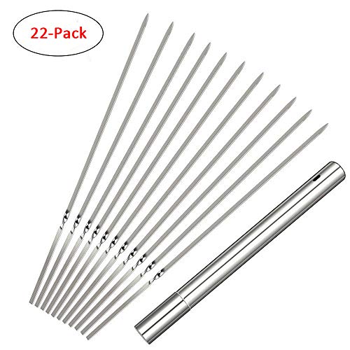 Merrday 22 Pack Barbacoa de Acero Inoxidable Pinchos de Barbacoa Tenedor de Asar Metal Plano Brochetas de Pinchos Kabob Set Barras de Barbacoa Reutilizables con Tubo de Almacenamiento