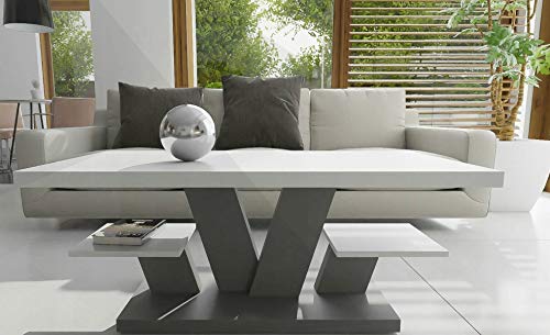 Mesa de centro para sala de estar blanca y gris con dos estantes, elegante y moderna mesa de centro blanca con tapa de alto brillo para té y café.