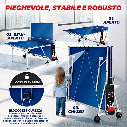 Mesa plegable interior de ping pong YM DRAGO - Dimensiones oficiales del torneo 274 x 152.5 x 76 cm - Ruta de transporte - Raquetas y pelotas incluidas - Sistema de seguridad múltiple doble