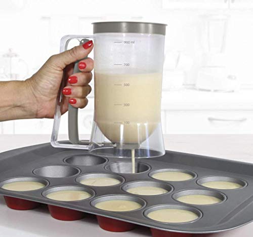 MGE - Dosificador de Masa Pastelera - Jarra Medidora - Dispensador de Masa para Cupcakes, Magdalenas, Crepes o Pancakes - Distribuidor de Masa con Indicador de Medidas - 900 mL