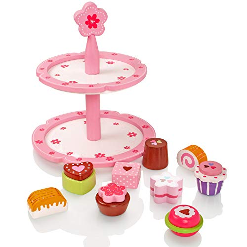 Milly & Ted - Soporte para Cupcakes de Madera y Juego de 9 tortas - Juguete para niños de Wood Playfood - Los niños pretenden Jugar Comida