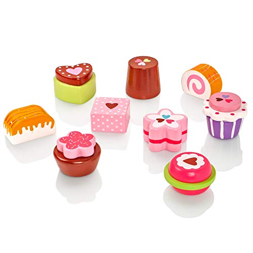 Milly & Ted - Soporte para Cupcakes de Madera y Juego de 9 tortas - Juguete para niños de Wood Playfood - Los niños pretenden Jugar Comida