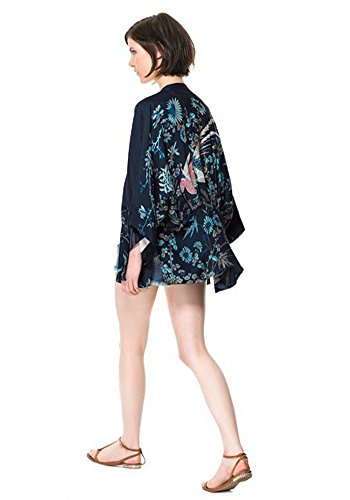 Minetom Mujer Primavera Otoño Elegante Manga Larga Quimono Kimono Casual Retro Phoenix Impresión Chaqueta Abrigo Corto Cárdigan Outerwear Azul ES 44