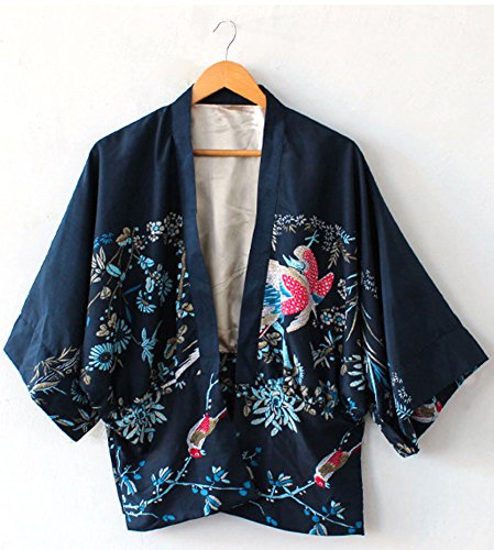 Minetom Mujer Primavera Otoño Elegante Manga Larga Quimono Kimono Casual Retro Phoenix Impresión Chaqueta Abrigo Corto Cárdigan Outerwear Azul ES 44