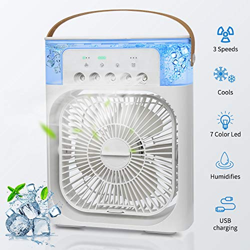 Mini Enfriador de Aire Acondicionado Portátil,Aires acondicionados móviles,5 en 1 Enfriador de Aire con Función de Humidificación,5 Sprays/3 Temporizadores/3 Niveles de Potencia/7 Colores Luz