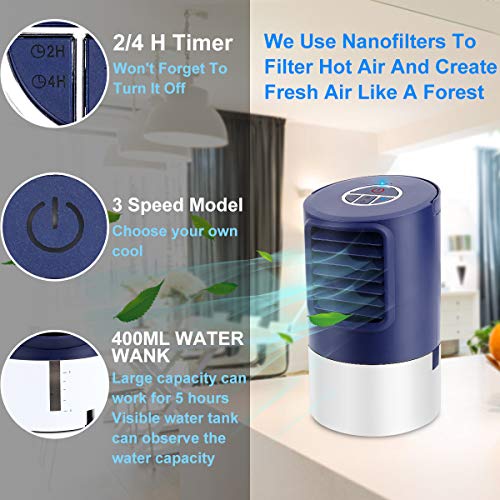 Mini Enfriador de Aire, Mini Acondicionador de Aire Móvil, 4 en 1 Climatizadores Evaporativos con Función de Humidificación, 2 Temporizadores/3 Niveles de Potencia/7 Colores Luz, Perfecto Regalo