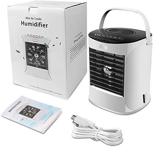 Mini Enfriador de Aire para Hogar Oficina swonuk Aire Acondicionado Portátil 4 en 1 Mini Ventilador Humidificador Purificador Luz de noche, 3 Velocidades, 7 Colores Luz Ajustable (white + black)