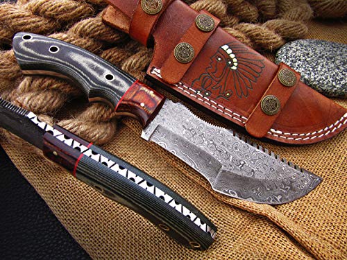 Mini rastreador de Damasco Hecho a Mano con Mango de micarta y Refuerzo de Madera Pakka y Hermosa Funda de Piel
