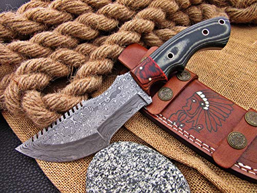 Mini rastreador de Damasco Hecho a Mano con Mango de micarta y Refuerzo de Madera Pakka y Hermosa Funda de Piel
