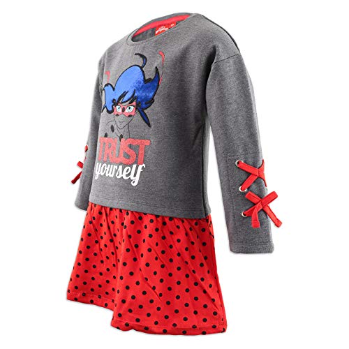 Miraculous LadyBug y Cat Noir – Vestido de manga larga con lazos, Top afelpado, falda de lunares – Full Print – Niña 1138 Grigio 6 Años-116 cm