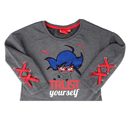 Miraculous LadyBug y Cat Noir – Vestido de manga larga con lazos, Top afelpado, falda de lunares – Full Print – Niña 1138 Grigio 6 Años-116 cm