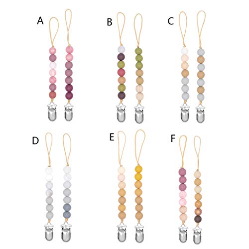 MIsha 2 Pcs Cadena Chupetes Silicona, Silicona de Calidad Alimentaria y Cuentas de Madera Clip Chupetero Metal, Juguete Para Bebe - Gris + blanco, 8.27 in