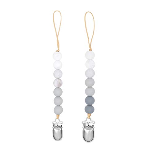 MIsha 2 Pcs Cadena Chupetes Silicona, Silicona de Calidad Alimentaria y Cuentas de Madera Clip Chupetero Metal, Juguete Para Bebe - Gris + blanco, 8.27 in