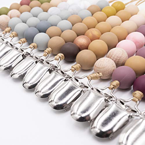 MIsha 2 Pcs Cadena Chupetes Silicona, Silicona de Calidad Alimentaria y Cuentas de Madera Clip Chupetero Metal, Juguete Para Bebe - Gris + blanco, 8.27 in