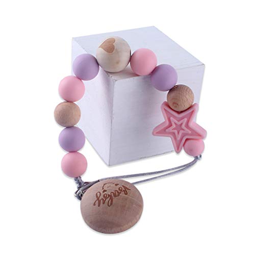 MIsha Cadena Chupetes Silicona Personalizado Juguete Para Bebe, Silicona de Calidad Alimentaria y Cuentas de Madera Clip Chupetero Clip Chupetero, 8,27 in Rosa