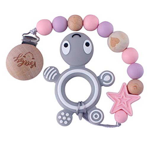 MIsha Cadena Chupetes Silicona Personalizado Juguete Para Bebe, Silicona de Calidad Alimentaria y Cuentas de Madera Clip Chupetero Clip Chupetero, 8,27 in Rosa