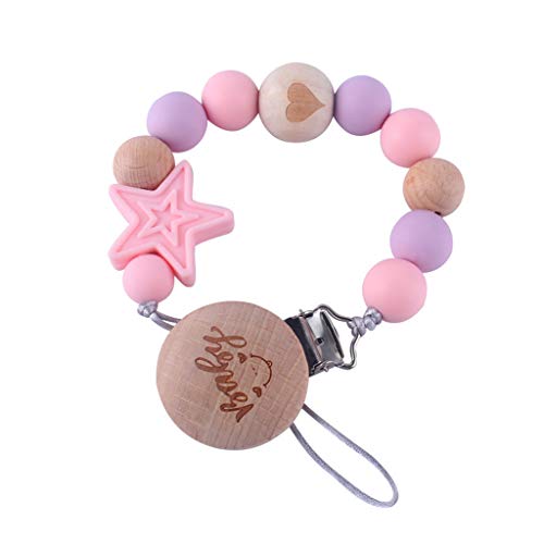 MIsha Cadena Chupetes Silicona Personalizado Juguete Para Bebe, Silicona de Calidad Alimentaria y Cuentas de Madera Clip Chupetero Clip Chupetero, 8,27 in Rosa