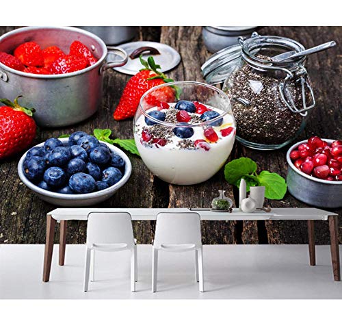 Mkkwp Mural De Yogur De Fresa, Arándanos Y Madera, Fondos De Escritorio, Fondos De Pantalla En 3D Para El Salón, Cocina, Restaurante, Cafetería, Bar-350x245cm