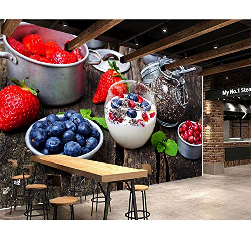 Mkkwp Mural De Yogur De Fresa, Arándanos Y Madera, Fondos De Escritorio, Fondos De Pantalla En 3D Para El Salón, Cocina, Restaurante, Cafetería, Bar-350x245cm