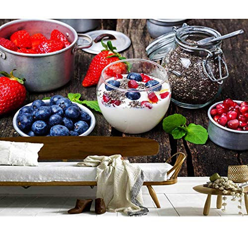 Mkkwp Mural De Yogur De Fresa, Arándanos Y Madera, Fondos De Escritorio, Fondos De Pantalla En 3D Para El Salón, Cocina, Restaurante, Cafetería, Bar-350x245cm