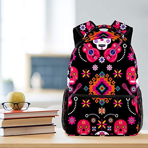 Mochilas escolares para niños con calaveras de azúcar y flores coloridas de 40,64 cm para estudiantes de preescolar, guardería, escuela primaria
