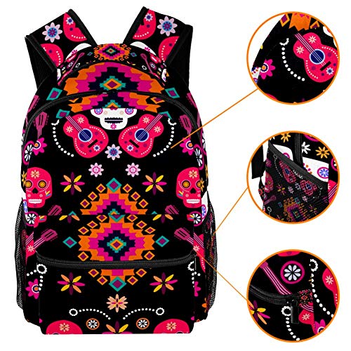 Mochilas escolares para niños con calaveras de azúcar y flores coloridas de 40,64 cm para estudiantes de preescolar, guardería, escuela primaria