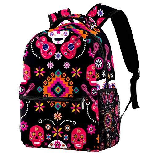 Mochilas escolares para niños con calaveras de azúcar y flores coloridas de 40,64 cm para estudiantes de preescolar, guardería, escuela primaria