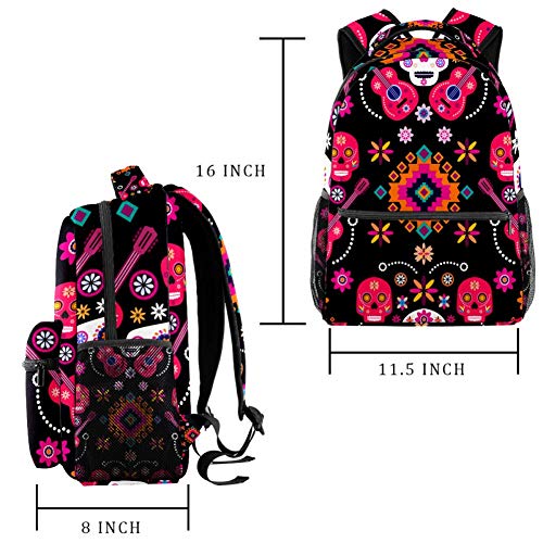 Mochilas escolares para niños con calaveras de azúcar y flores coloridas de 40,64 cm para estudiantes de preescolar, guardería, escuela primaria