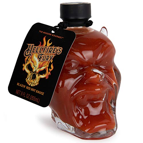 Modern Gourmet Foods, Set de Regalo Salsas Picantes "Hellfire's Fury", Tarro de Cristal con Forma de Cabeza de Diablo rellena de Salsa Picante
