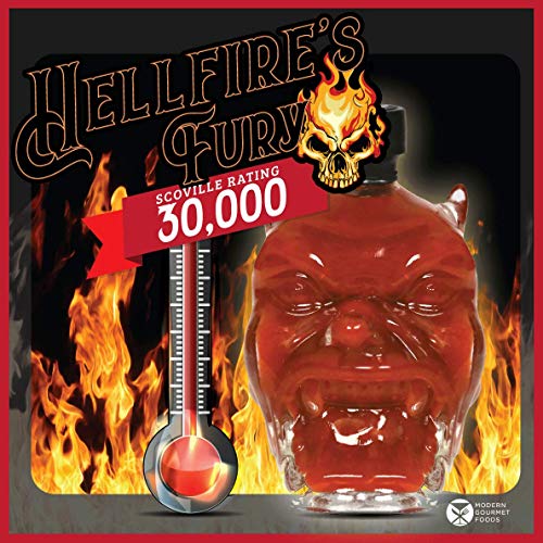 Modern Gourmet Foods, Set de Regalo Salsas Picantes "Hellfire's Fury", Tarro de Cristal con Forma de Cabeza de Diablo rellena de Salsa Picante