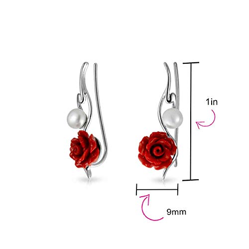 Moderno 3D rojo rosa flor blanco agua dulce cultivado perla alambre de la oreja pin escaladores crawlers pendientes para las mujeres 925 plata de ley