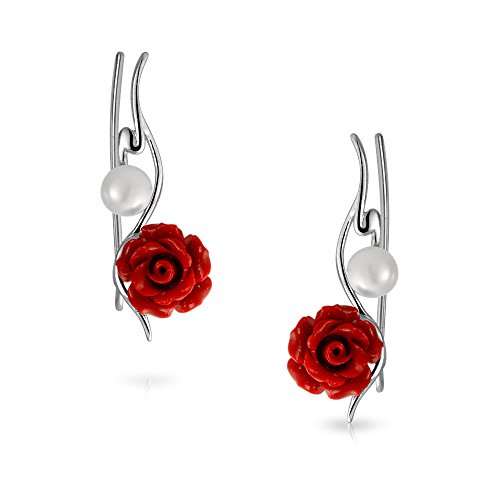 Moderno 3D rojo rosa flor blanco agua dulce cultivado perla alambre de la oreja pin escaladores crawlers pendientes para las mujeres 925 plata de ley