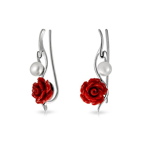 Moderno 3D rojo rosa flor blanco agua dulce cultivado perla alambre de la oreja pin escaladores crawlers pendientes para las mujeres 925 plata de ley