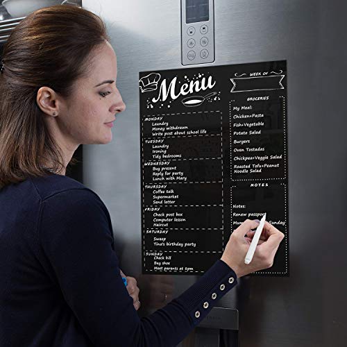 MoKo Planificador de Frigorífico Magnético para Cocina Refrigerador con 2 Marcador de Tiza, 16"x12" Planificador Semanal del Menú para Lista de Compra y Recordario - Negro