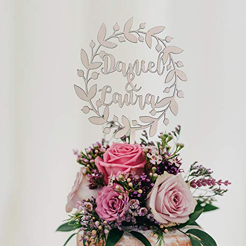 MONAMÍ - Topper Personalizado para Tarta de Boda, Corona Floral. Madera de Haya 3 mm Grosor y 22 x 14 cm
