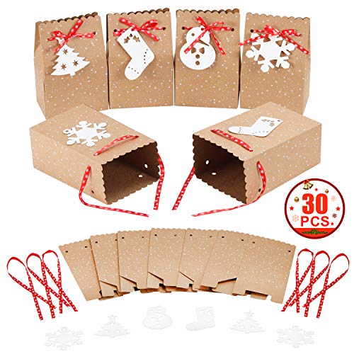 MonQi 30 Pieces Gran Capacidad Bolsas de Papel Navideñas con 30 Etiquetas Navideñas y Cinta Navideña, Caja de Papel de Navidad Fácil de Plegar para Decoraciones Navideñas (4.5 "x 3" x 7 ")