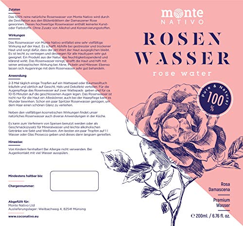 MonteNativo Agua de Rosas Natural 200 ml – Hidrolato de Rosas 100% Puro Doble Destilado por Vapor Ideal Como Tónico Facial, Relajante, Calmante, Antiedad - Agua Floral Para Iluminar Piel y Cabello