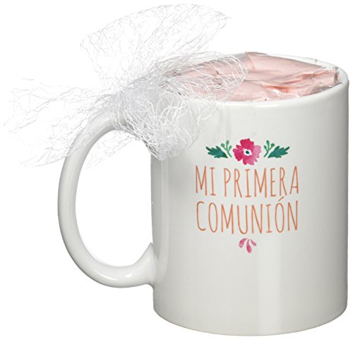 Mopec Taza Primera Comunión de Porcelana para niña Adornada con Caramelos de Frutas, Pack de 1 Unidad, Blanco, 8.20x8.20x9.50 cm