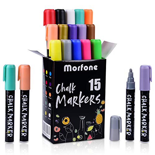 Morfone Rotuladores de tiza líquida , rotuladores pizarra blanca ,Juego de 15 marcadores de tiza colores con pinzas + trapo+ 32 etiquetas para pizarra blanca, álbum de fotos DIY ,cerámica, cristal