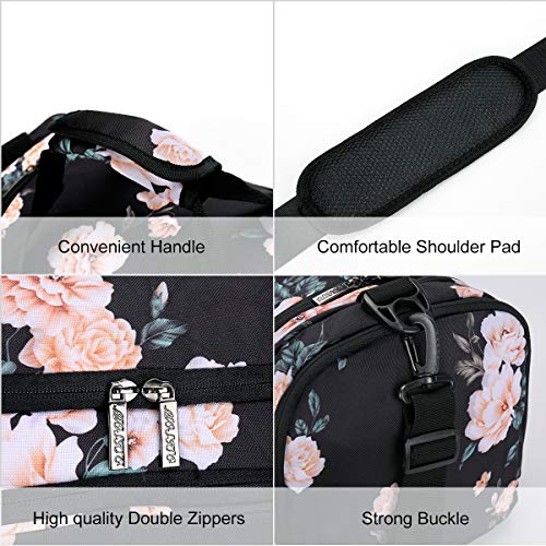 MOSISO Bolsas de Gimnasio Tejido de Poliéster Plegable de Viaje Durante la Noche Duffels Ligero Deportivo Deportes Camping Hombro Bolso para Hombres y Mujeres, Base Negra Peonía