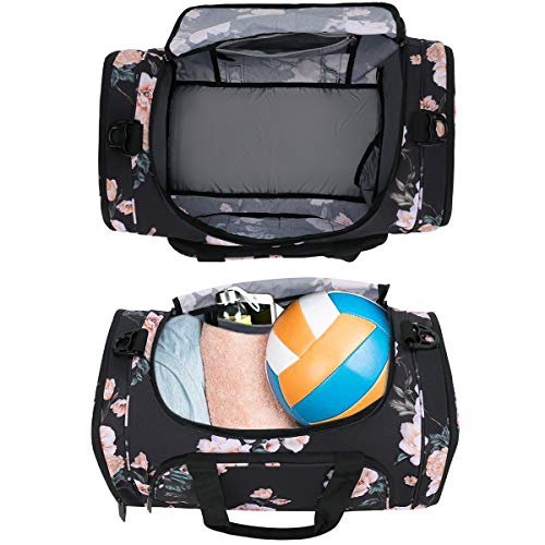 MOSISO Bolsas de Gimnasio Tejido de Poliéster Plegable de Viaje Durante la Noche Duffels Ligero Deportivo Deportes Camping Hombro Bolso para Hombres y Mujeres, Base Negra Peonía