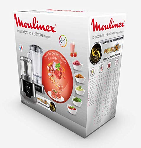 Moulinex 1.2.3 Ultimate Picadora Eléctrica De Alimentos Y Batidora De Vaso, 1000 W, 0.55 litros, Revestimiento de Titanio, Negro