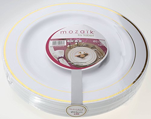 MOZAIK 20 platos de plástico de 23cm en color blanco con el borde dorado