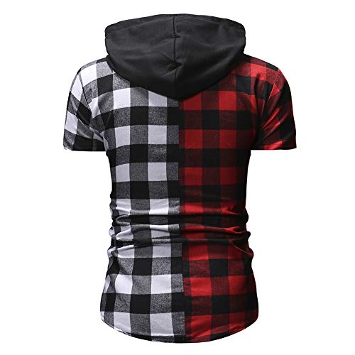 Mr.BaoLong&Miss.GO Camisa A Cuadros De Manga Corta con Capucha Casual De Talla Grande para Hombres, Camisa De Manga Corta con Bloqueo De Color De Código Europeo